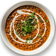 A bowl holds creamy dal garnished with cilantro. Dal Makhani
