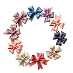 A colorful array of fabric hair bows in shades of blue, pink, red, beige, and purple with black