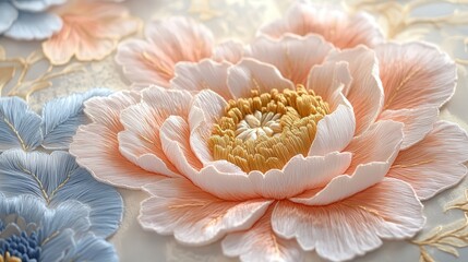 A beautifully crafted peony embroidery in 3D soft embossed hot stamping, showcasing full petals in gold, pink, and blue hues.