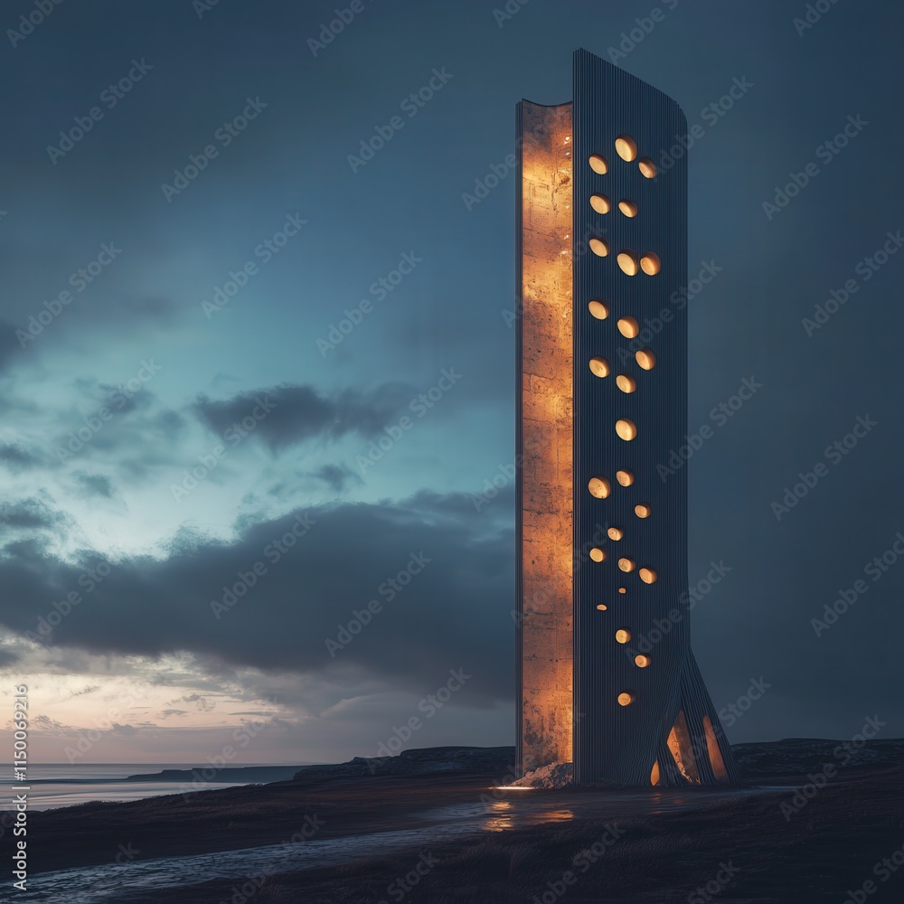 Poster tower under a twilight sky, its structure glowing softly in the fading light, creating a striking co