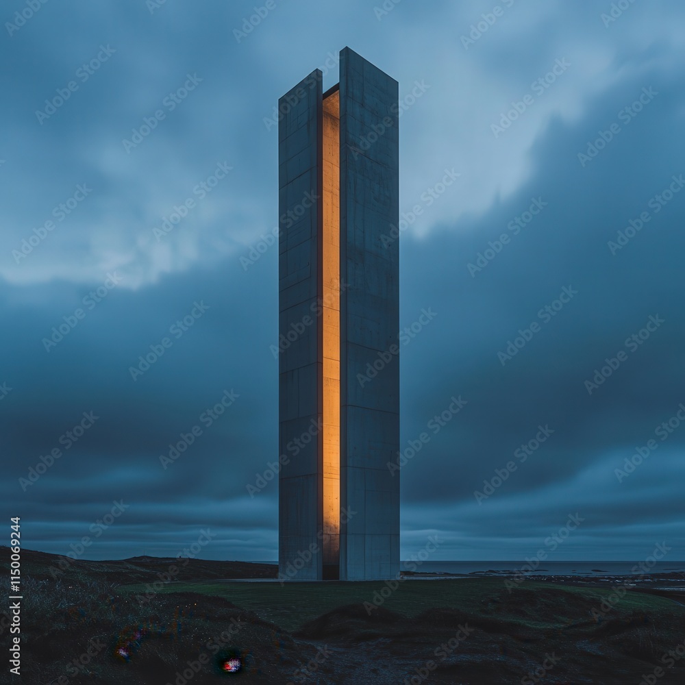 Poster tower under a twilight sky, its structure glowing softly in the fading light, creating a striking co