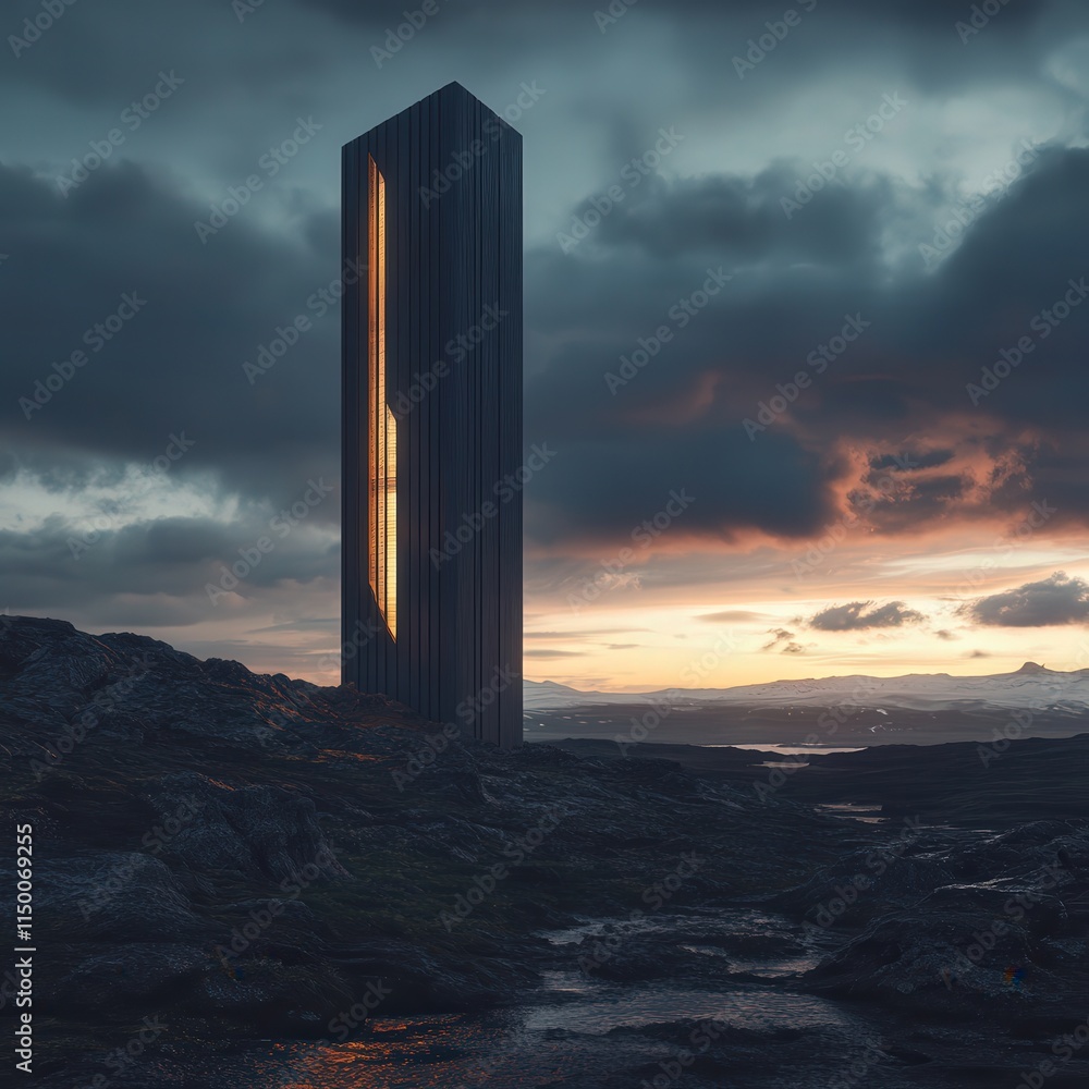 Poster tower under a twilight sky, its structure glowing softly in the fading light, creating a striking co
