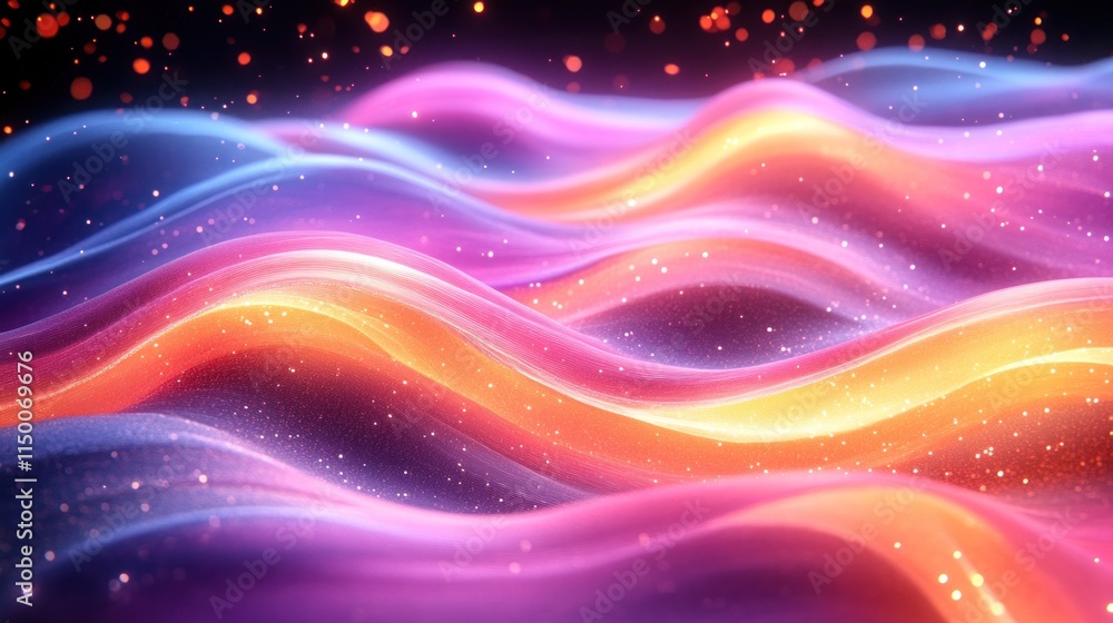 Poster abstract glowing waves with vibrant colors and sparkling particles on dark background.