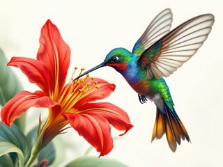 Fototapeta premium Colorful Hummingbird Feeding on a Vibrant Red Flower