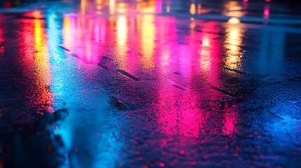 Obraz premium Neon Reflections on Wet Asphalt
