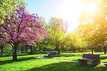 Fototapeta premium Blooming pastel-colored trees in a tranquil park setting, evoking a calm and peaceful atmosphere.