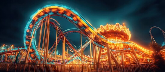 Obraz premium A glowing roller coaster looping through a carnival, illuminated by carnival lights at night 