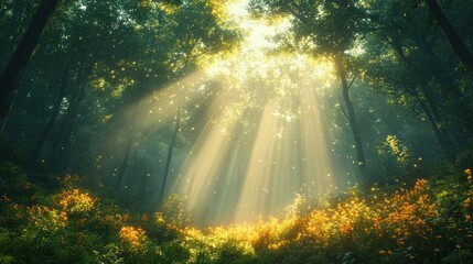 Obraz premium Sunbeams illuminate magical forest, golden flowers.