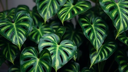 Fototapeta premium Dark green monstera leaves with light green veins, perfect for nature backgrounds, tropical designs, botanical illustrations, or ecofriendly concepts.
