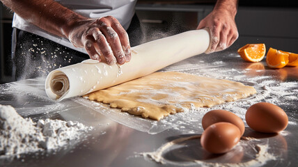 Pastry Dough Rolled on Floured Surface: A baker rolling dough into shape, capturing the intricate steps in pastry making.