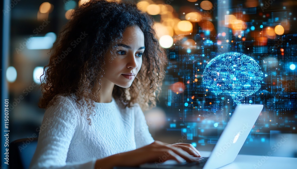 Poster woman at home using a laptop, api application programming interface, artificial intelligence ai tool