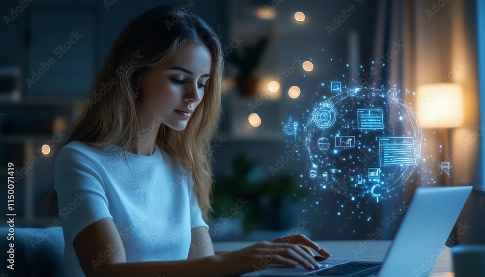 Poster woman at home using a laptop, api application programming interface, artificial intelligence ai tool
