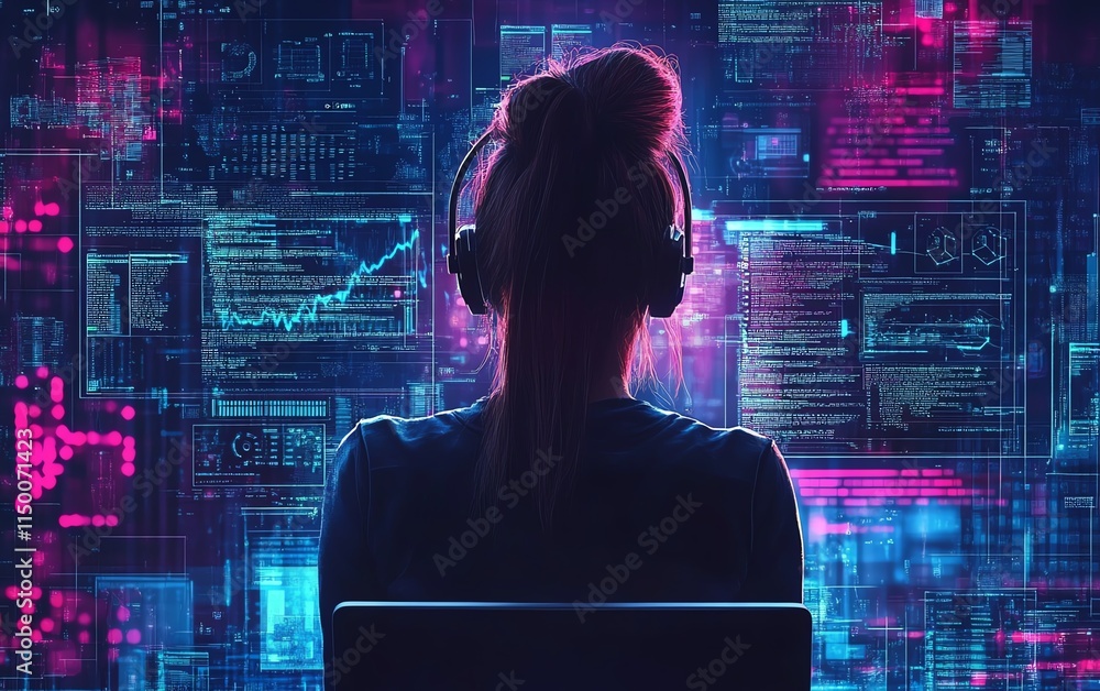 Poster woman in office using a laptop, software development tools, api programming interface, ai support fo