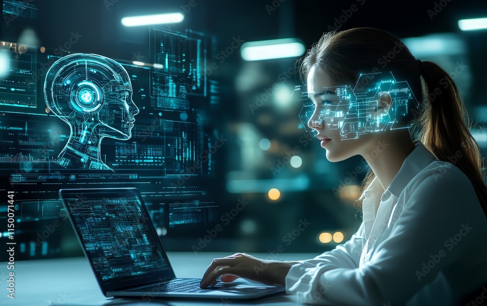Poster woman in office using a laptop, software development tools, api programming interface, ai support fo