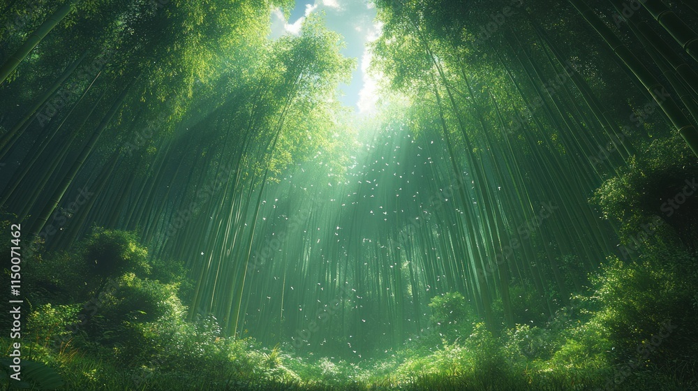 Poster sunlit bamboo forest path with floating particles.