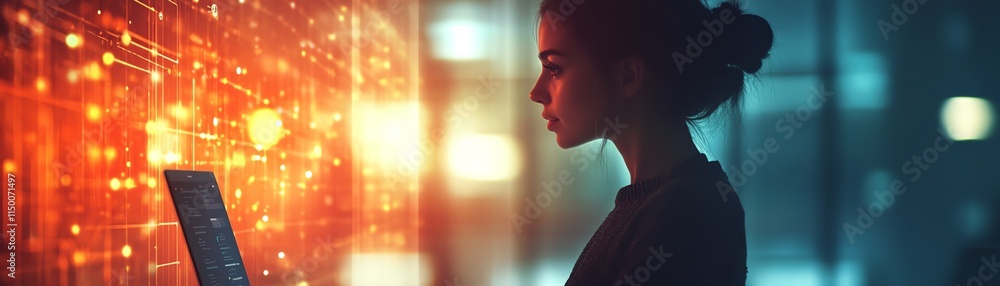 Aufkleber woman using a laptop in a modern office or home setting, software development tools, api programming