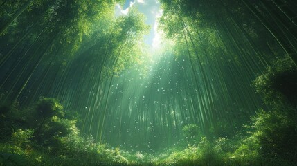 Fototapeta premium Sunlit bamboo forest path with floating particles.