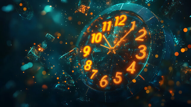 Time Shatters: A digital clock explodes in a burst of neon energy, symbolizing the fleeting nature of time and the urgency to seize the moment.  