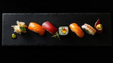 A beautifully arranged sushi platter featuring nigiri, sashimi, and maki rolls, served on a black slate plate with wasabi, pickled ginger, and soy sauce