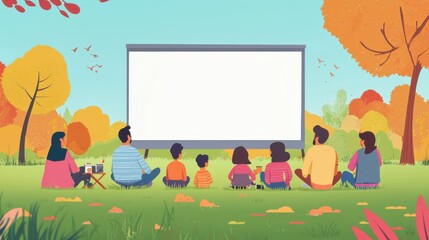 Obraz premium Families Enjoying a Movie Together in a Park Surrounded by Colorful Autumn Trees and Scenic Nature
