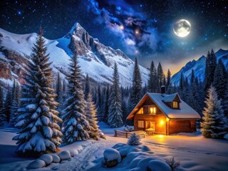 Fototapeta premium Aspen Colorado Night Cabin Silhouette, Snowy Mountain Dreamy Portrait Photography