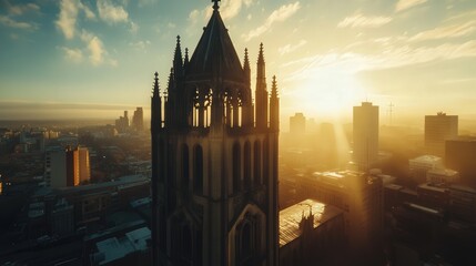 Fototapeta premium city church bell tower, its gothic design standing tall against the skyline, with sunlight casting long shadows and highlighting the fine details of its structure