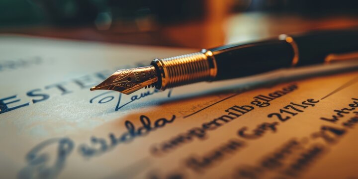 Elegant fountain pen with intricate gold details resting on a handwritten document, symbolizing sophistication