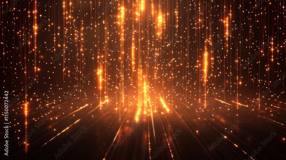 Poster a background of deep shadows, speckled with golden sparks, and an abstract design highlighted by gol