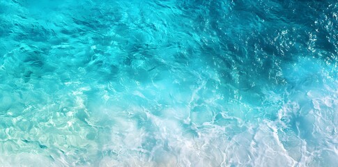 Gradient wallpaper with blue shades and radiant sunlight reflecting on transparent foam waves of a serene beach.