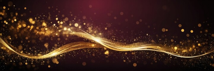 Golden Wave Light Streaks with Sparkles on Dark Red Wallpaper Banner Background