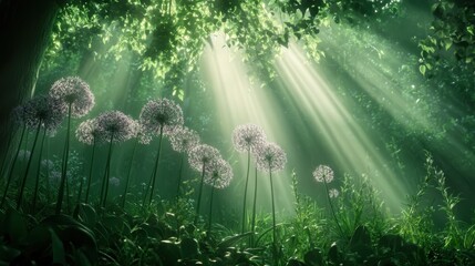 allium flowers blooming, with sunlight filtering through their intricate petals, casting a soft glow on the surrounding greenery