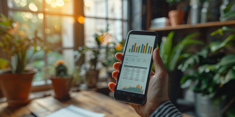 Hand holding a smartphone displaying colorful charts and data in a sunlit workspace with plants, technology