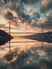 Obraz premium wide-angle view of the Bosphorus Strait, showing the Istanbul Bridge against the backdrop of Istanbul's city skyline.