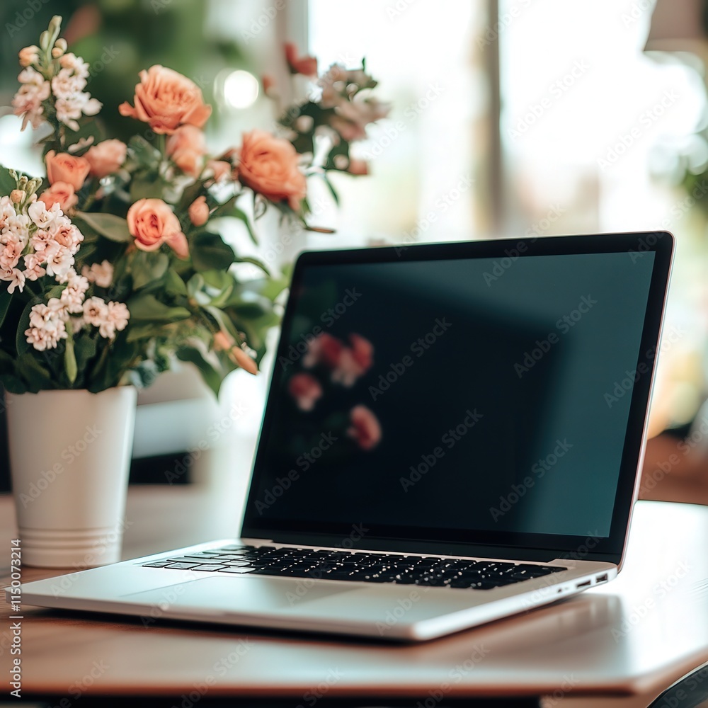 Poster laptop with its screen not showing, placed on a modern table with a blurred bouquet of flowers softl