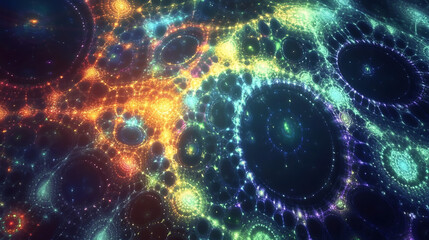 Obraz premium Cosmic Kaleidoscope: An abstract fractal art piece featuring vibrant, swirling nebulae and interconnected circles of light, evoking a sense of wonder and cosmic mystery.