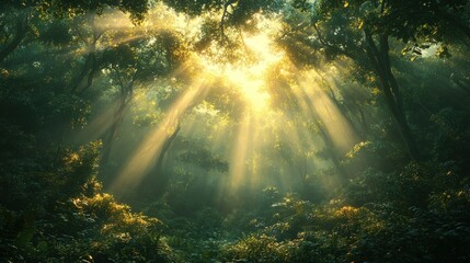 Obraz premium Sunbeams illuminate misty, green forest.