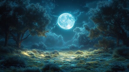 Fototapeta premium Moonlit forest path, mystical night scene.