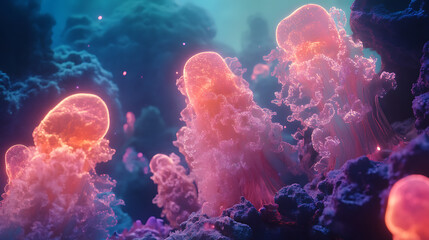 Ethereal Underwater Bloom: A mesmerizing underwater scene with ethereal jellyfish bathed in vibrant hues of pink, blue, and purple, creating a sense of tranquility and wonder.
