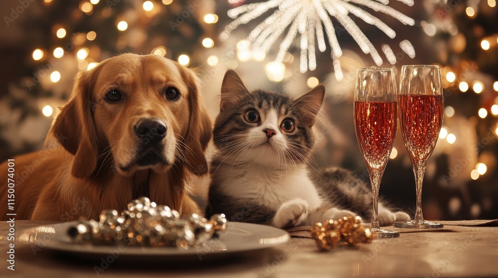 Poster as the fireworks light up, the cat and the dog observe. an ai-created christmas card features a spot