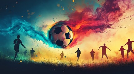 A colorful soccer field with a ball in the middle surrounded by players