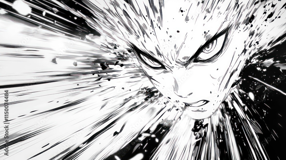Poster intense monochrome close-up of an angry face surrounded by dynamic speed lines.