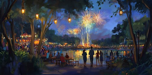 An enthusiastic crowd cheers at the event as a vibrant fireworks display lights up the nighttime sky, bringing liveliness and color to the festive scene.