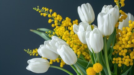 Spring flowers bouquet yellow mimosa and white tulips --ar 25:14 --v 6 Job ID:...