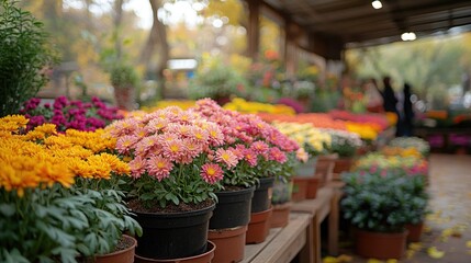 Colorful chrysanthemum plants in pots at an autumn flower market.