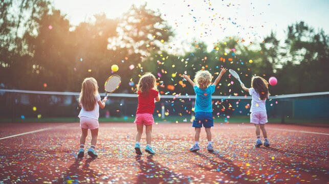 A group of children playing tennis on a court with confetti falling around them
