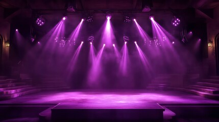 Dark stage with purple spotlights and fog, ideal for concerts or presentations.