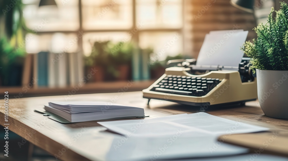 Aufkleber calm and inviting 4k photo of a typewriter on a table with sheets of paper beside it.