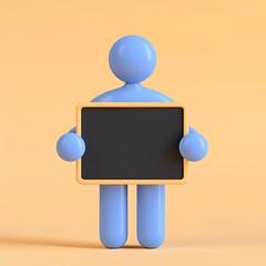 Blue 3D Character Holding Chalkboard Sign on Yellow Background