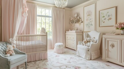 A pastel nursery with elegant furniture, plush toys, and soft floral patterns creates a tranquil, luxurious baby room atmosphere.