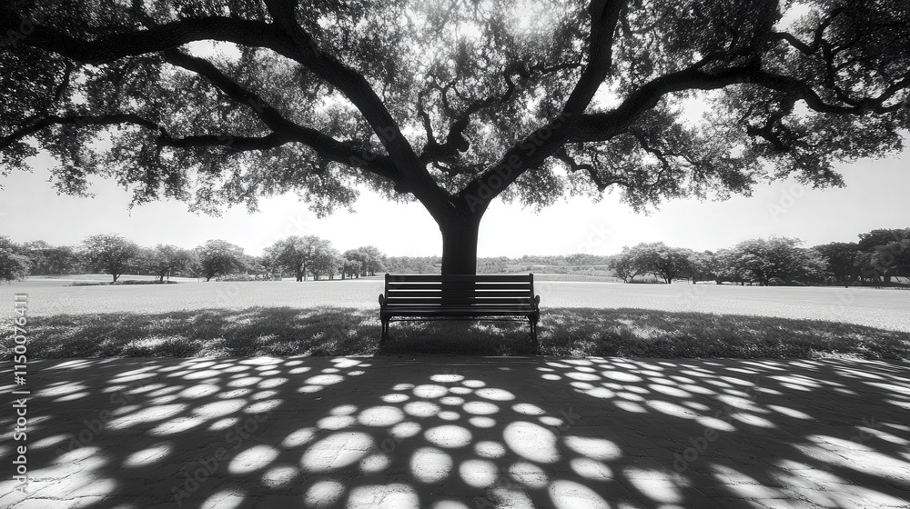 Poster calming 4k black and white image of a bench under a sprawling oak tree, its shadow creating intricat